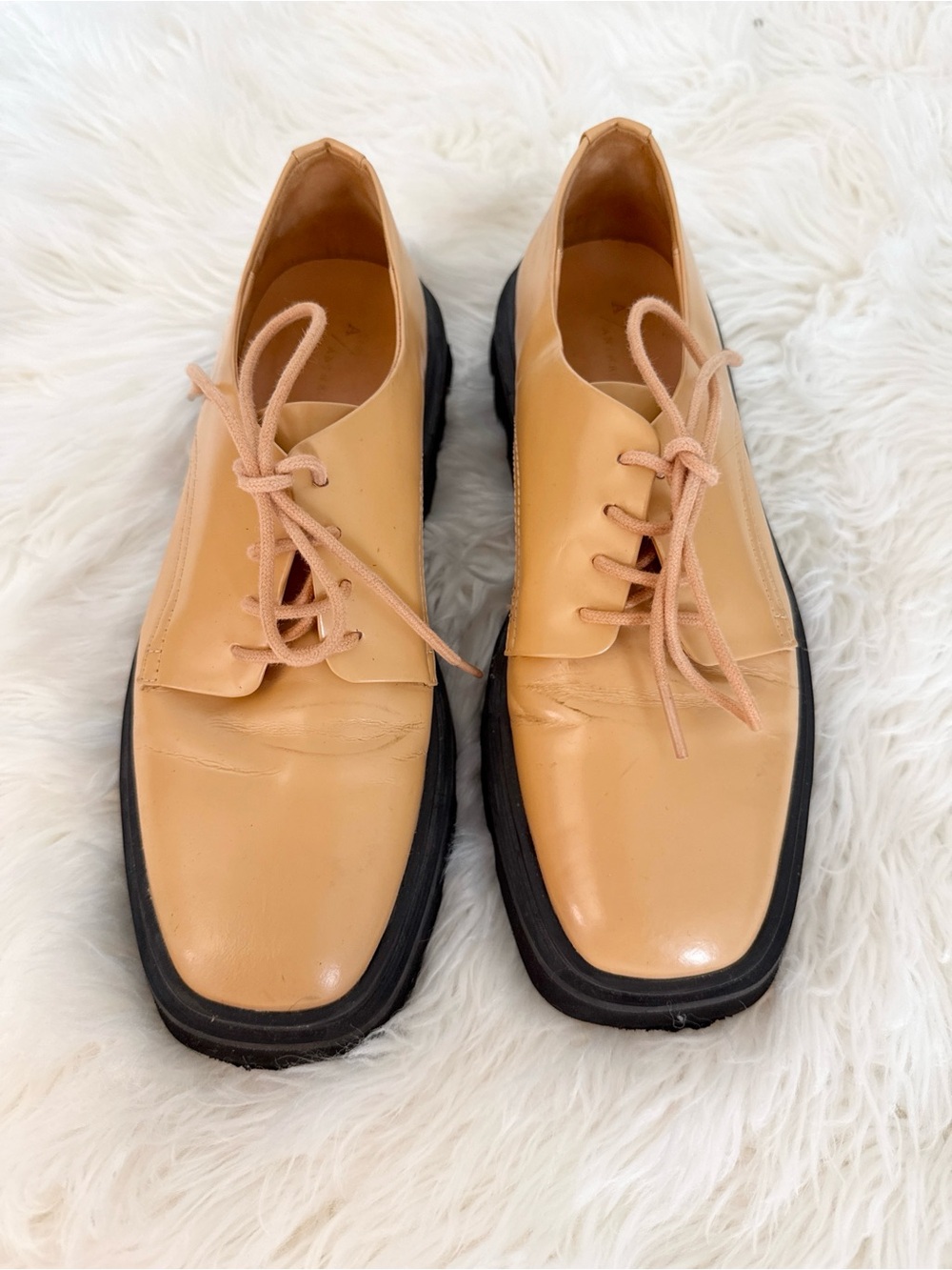 Anthropologie Tan Leather Derby Shoes with Black Sole
